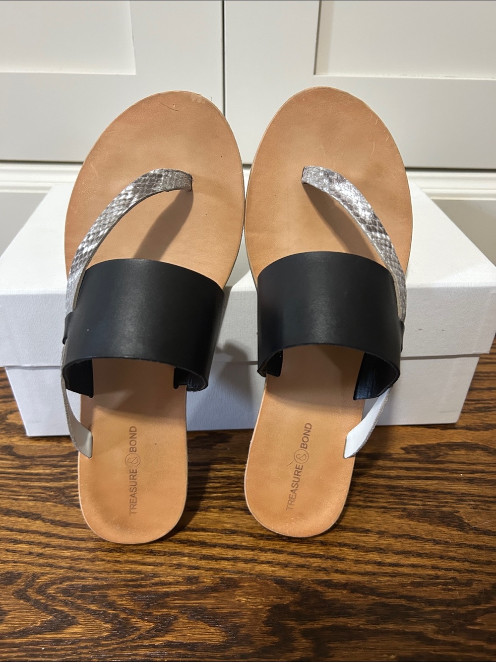 Women’s Black & Silver Faux Leather Double Strap Slide Sandals